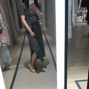 Midi length navy and white striped casual dress